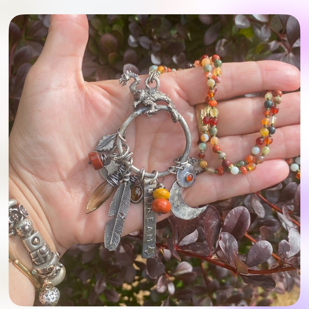 Artisan Sterling Silver Dragon Charm Talisman with Multicolor Beads